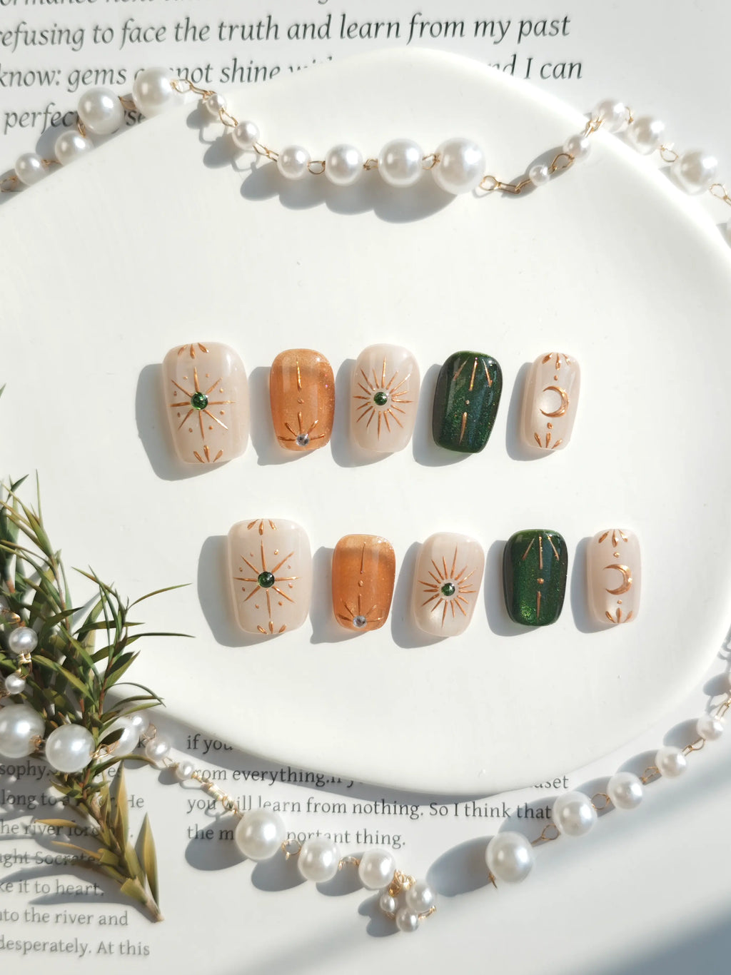 Celestial Sun Moon Star Gold Line Short Square Nails