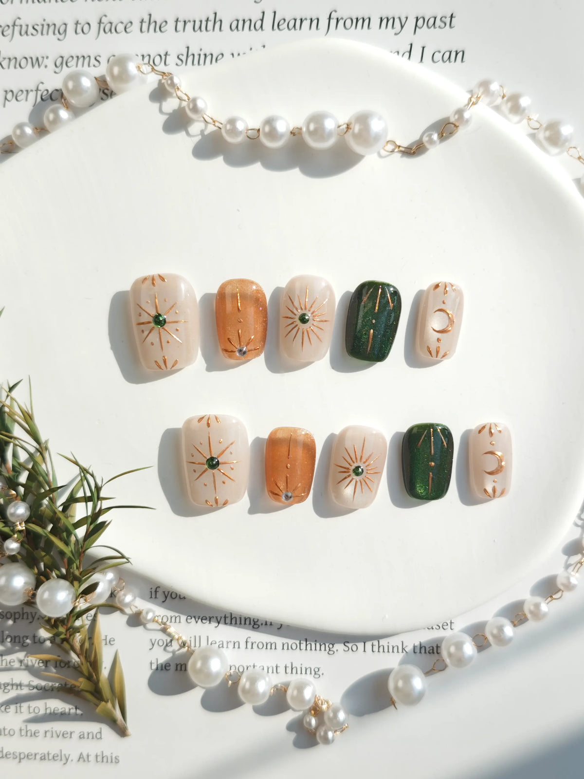Celestial Sun Moon Star Gold Line Short Square Nails
