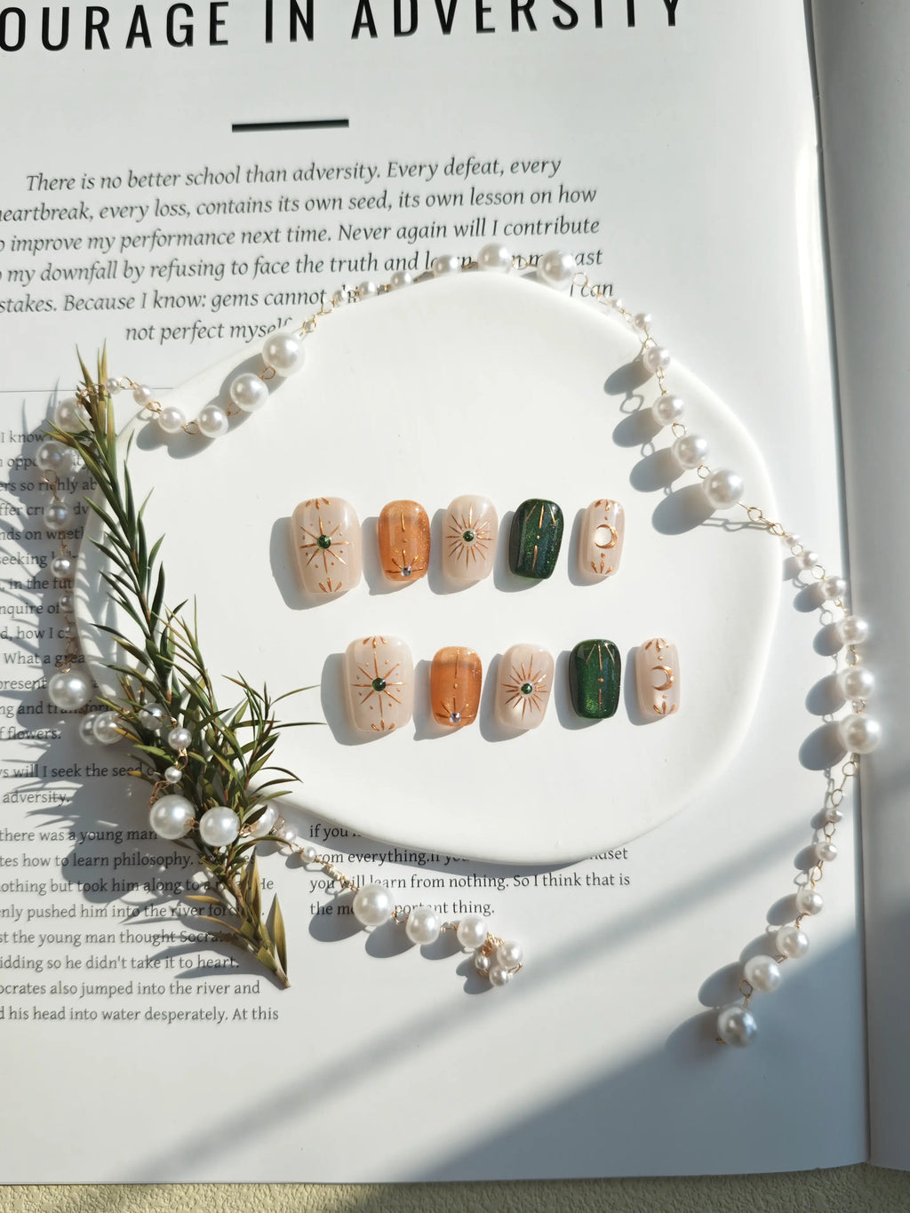 Celestial Sun Moon Star Gold Line Short Square Nails