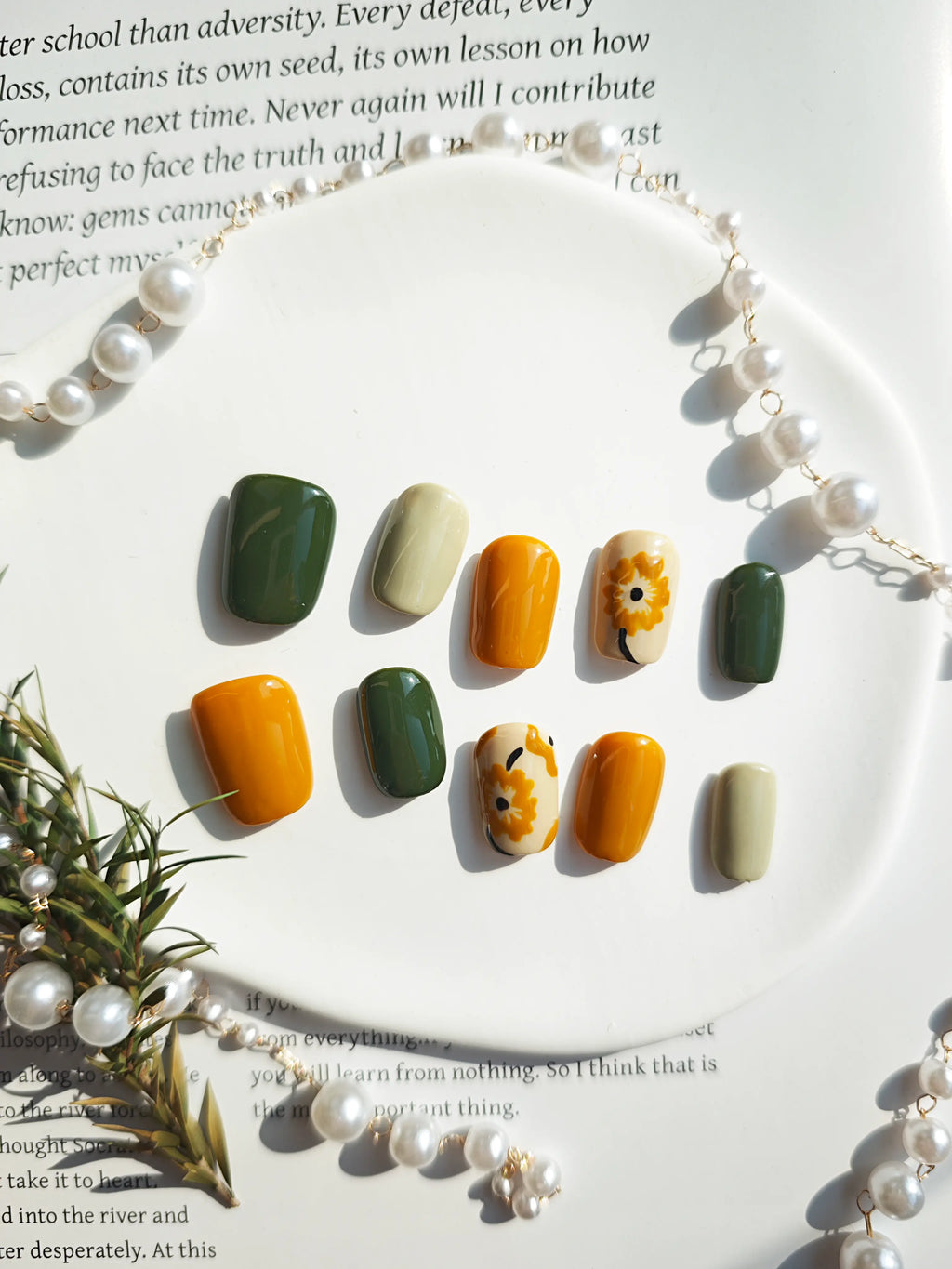 Fall Hand‑Painted Floral Solid Short Square Nails