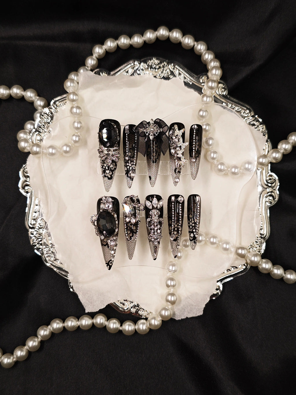 Gothic Lace 3D Rhinestone Long Stiletto Nails
