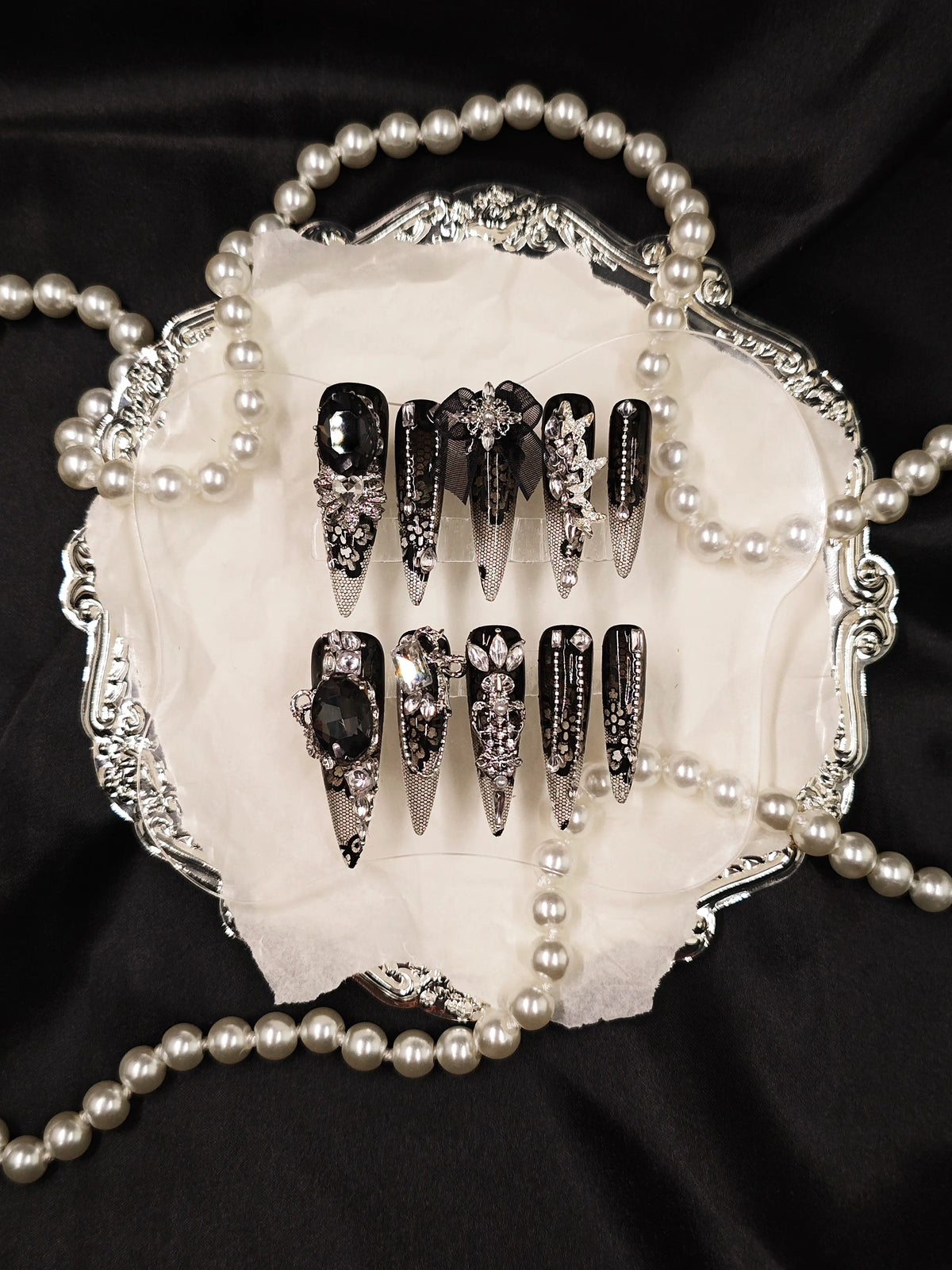 Gothic Lace 3D Rhinestone Long Stiletto Nails