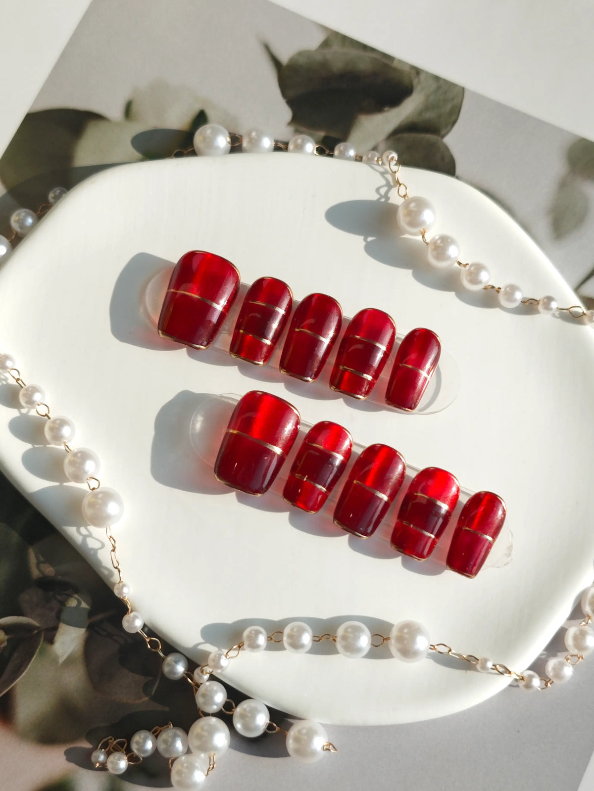Red Cat‑Eye Gold Line French Medium Square Nails