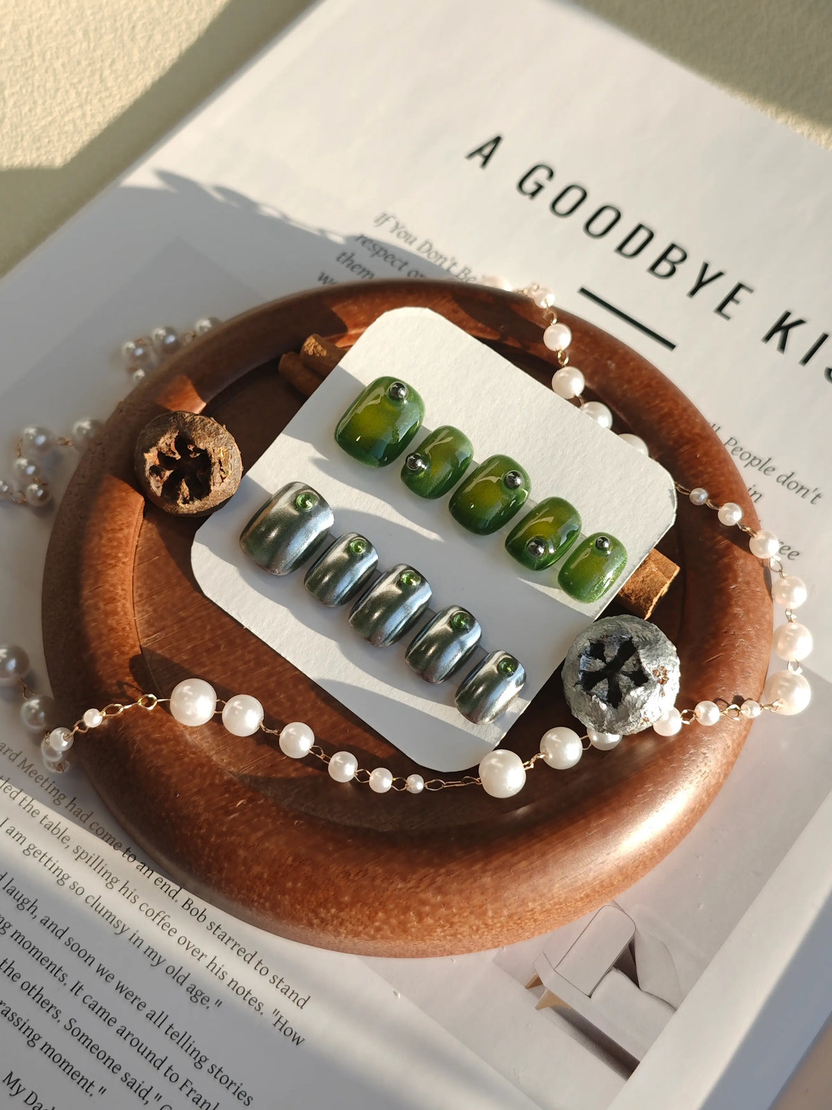 Olive Green Chrome Gem Short Square Nails