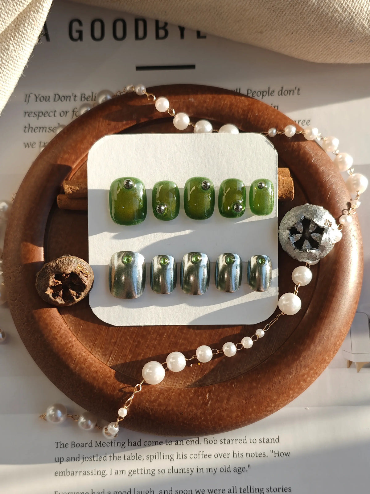 Olive Green Chrome Gem Short Square Nails