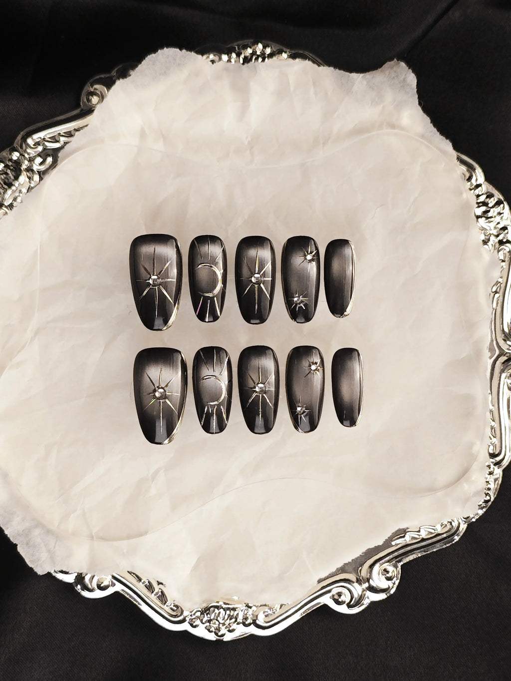 Black Cat‑Eye Sun Moon Star Medium Coffin Nails