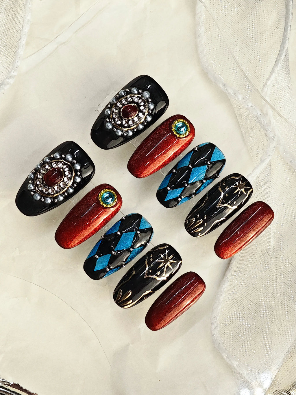 Vintage Harlequin Gem Ornate Medium Coffin Nails