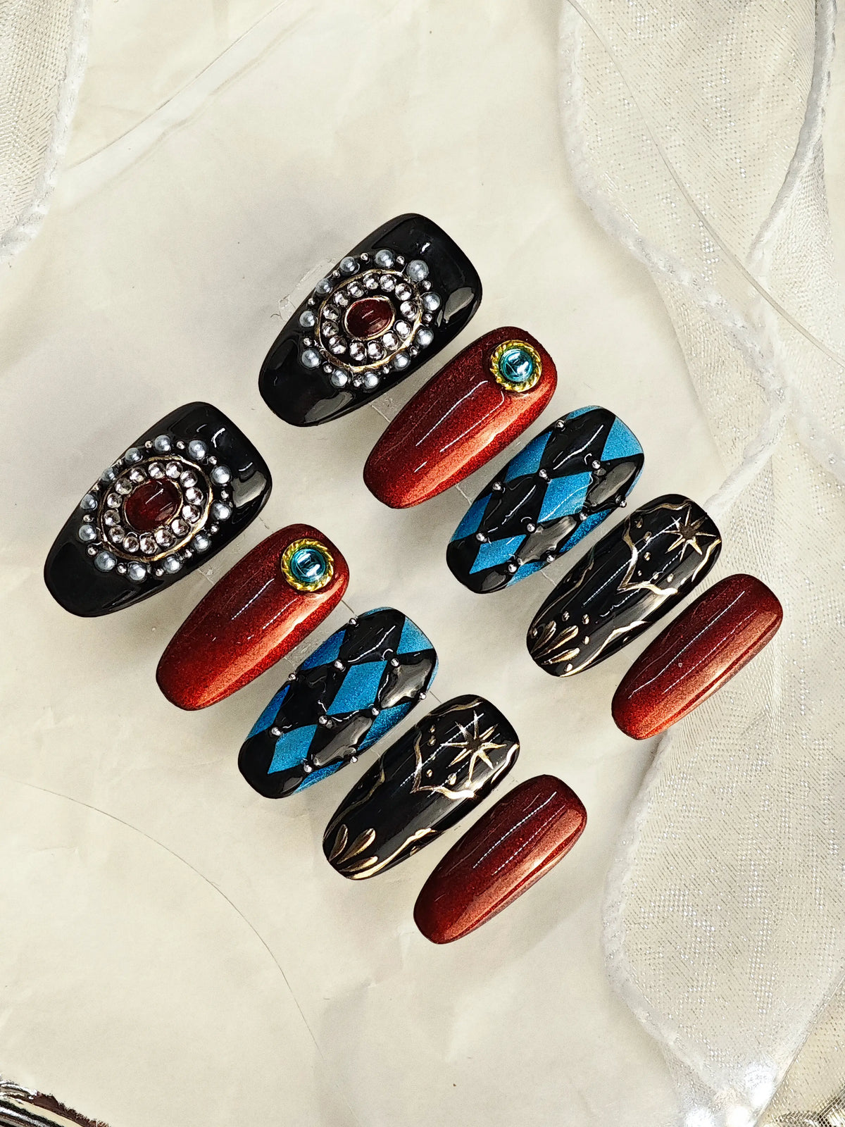 Vintage Harlequin Gem Ornate Medium Coffin Nails