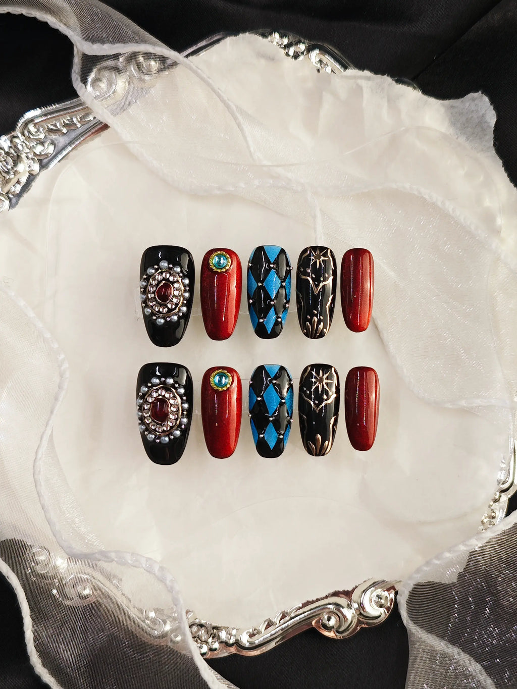 Vintage Harlequin Gem Ornate Medium Coffin Nails