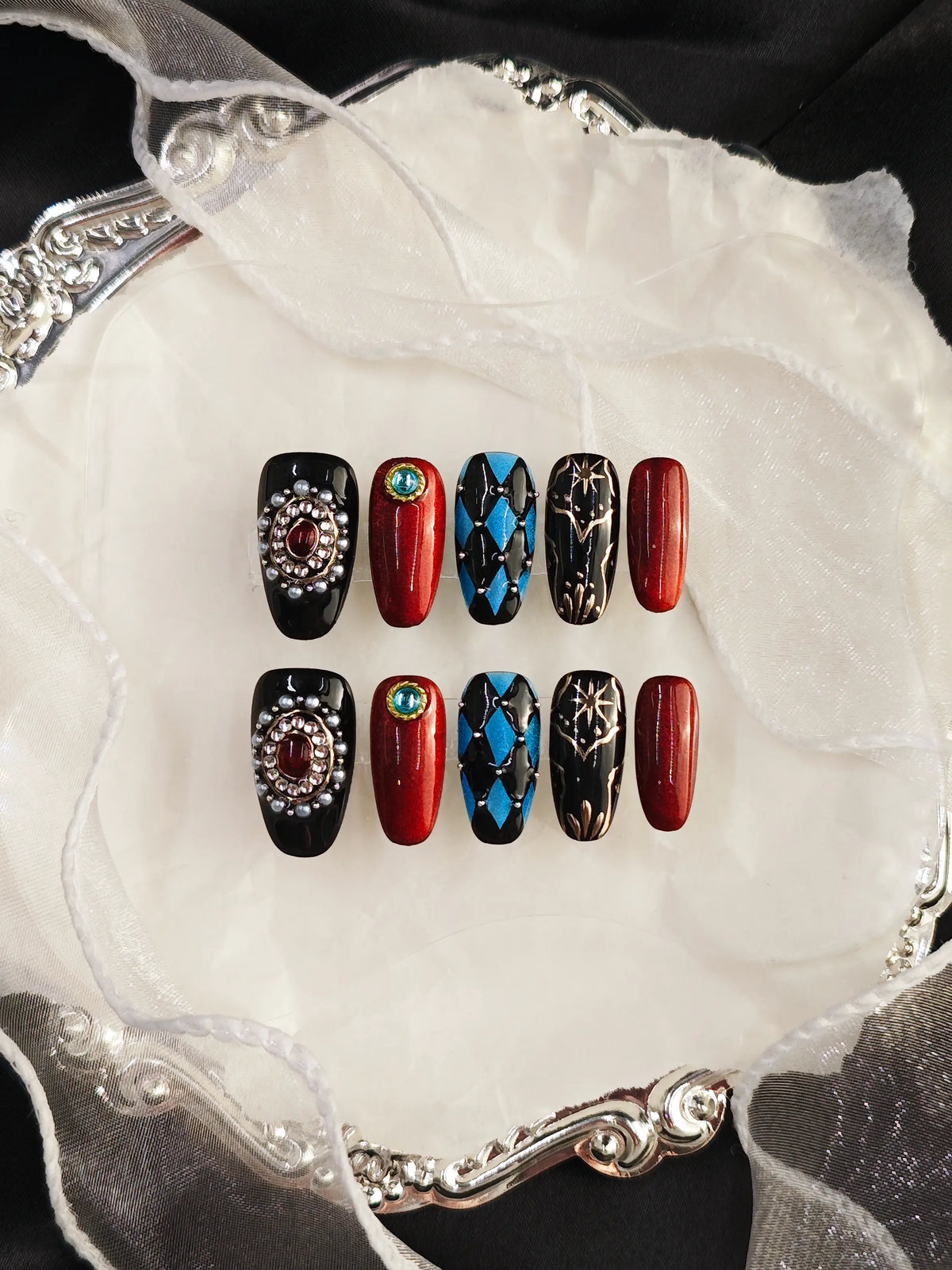 Vintage Harlequin Gem Ornate Medium Coffin Nails