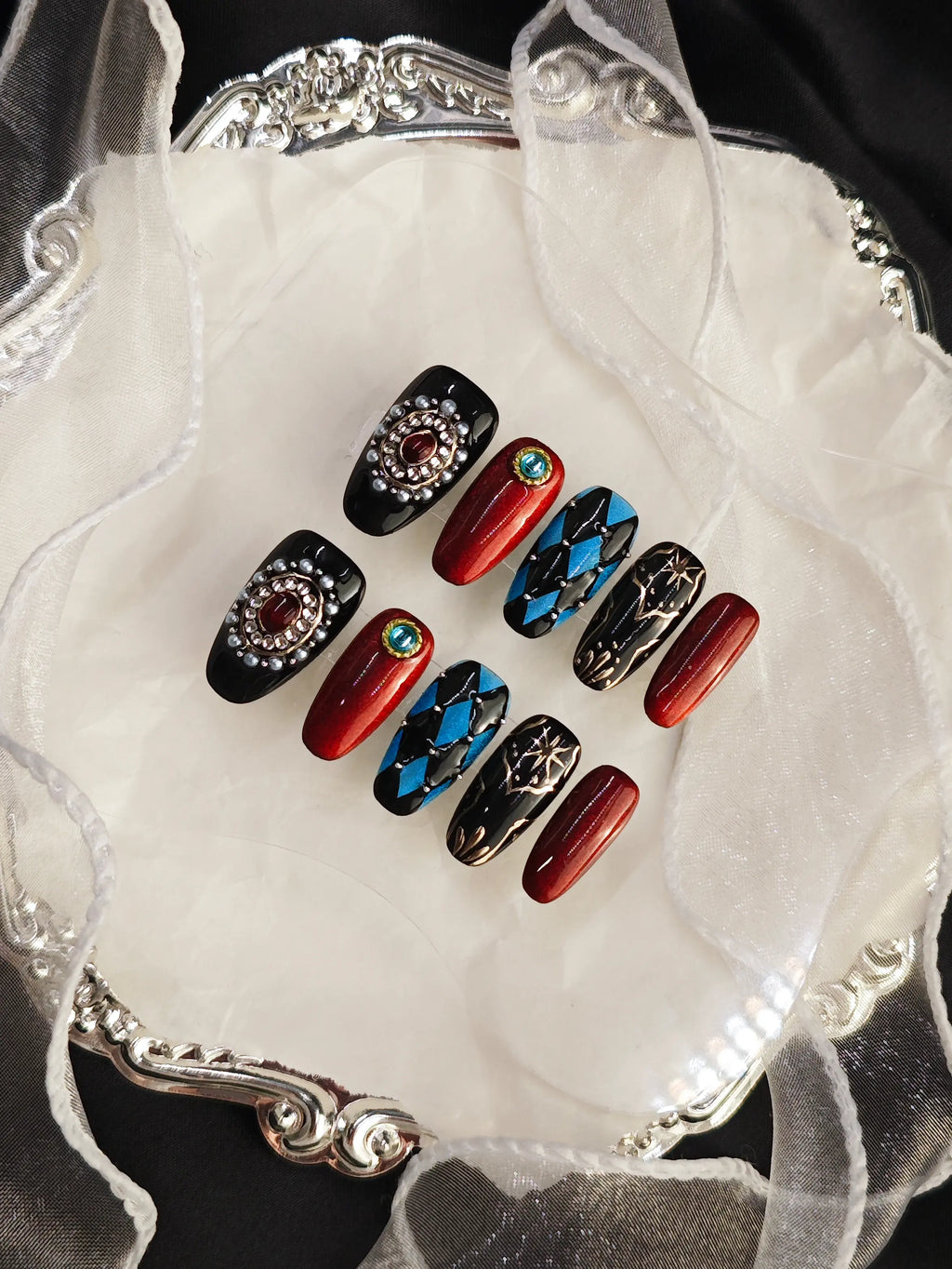 Vintage Harlequin Gem Ornate Medium Coffin Nails