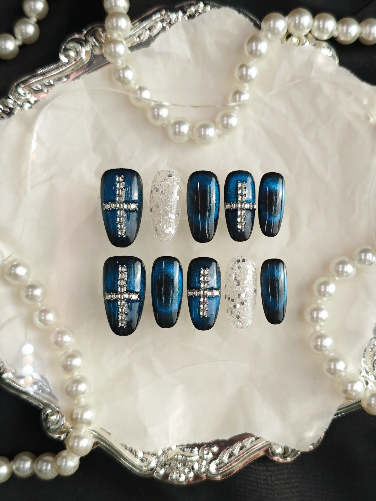 Deep Blue Cat Eye Cross Rhinestone Medium Tapered Square Nails