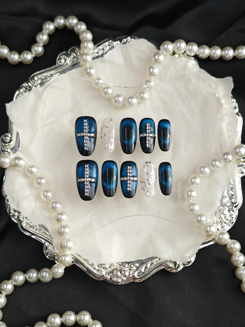 Deep Blue Cat Eye Cross Rhinestone Medium Tapered Square Nails
