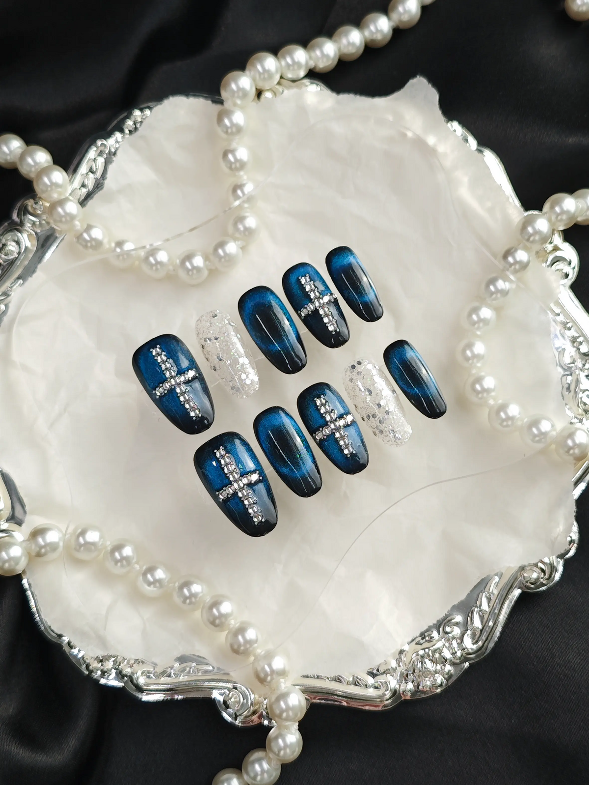 Deep Blue Cat Eye Cross Rhinestone Medium Tapered Square Nails