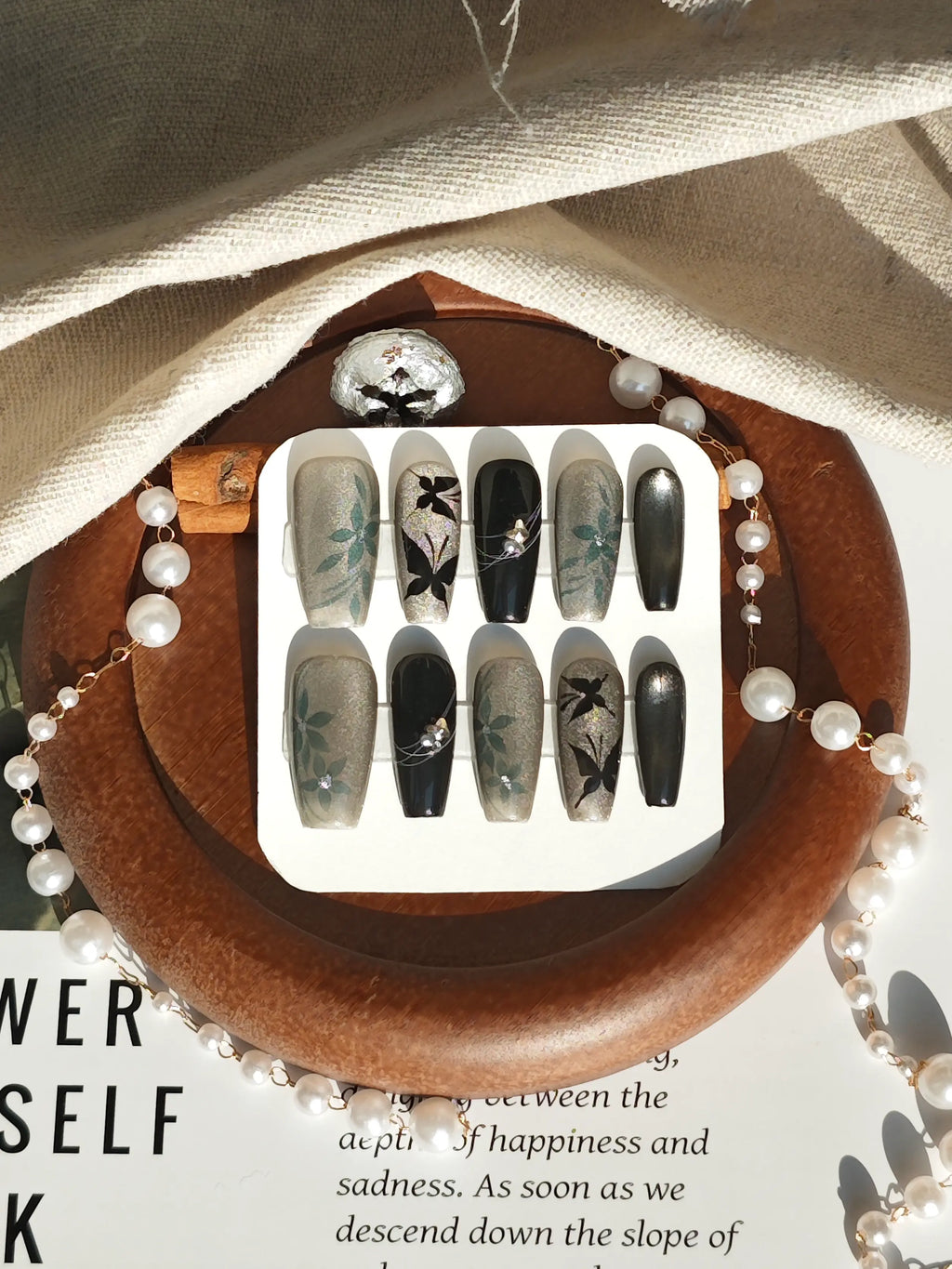 Black Butterfly Glitter Medium Coffin Nails