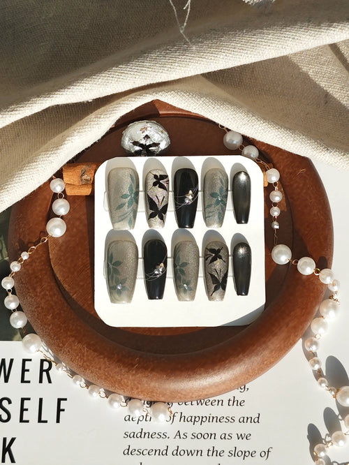 Black Butterfly Glitter Medium Coffin Nails