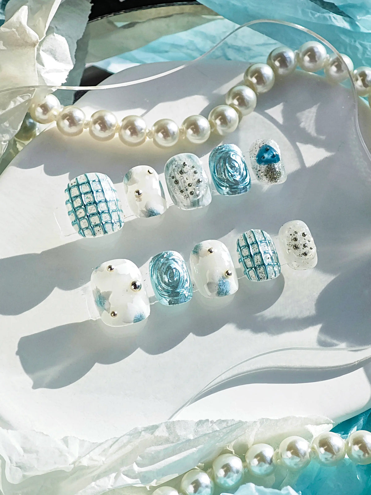 Sky Blue Grid 3D Rose Heart Short Square Nails