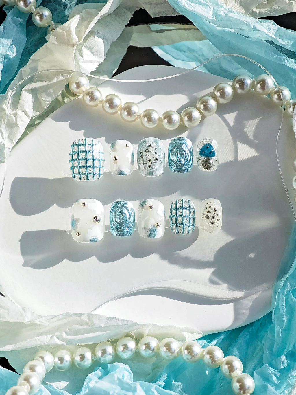 Sky Blue Grid 3D Rose Heart Short Square Nails