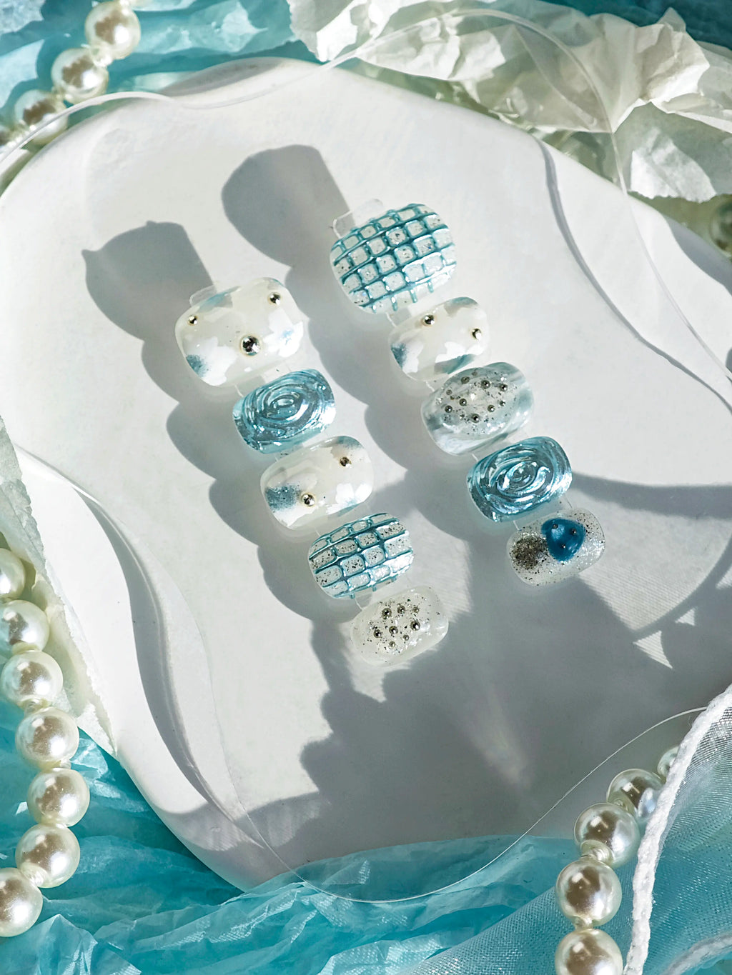 Sky Blue Grid 3D Rose Heart Short Square Nails