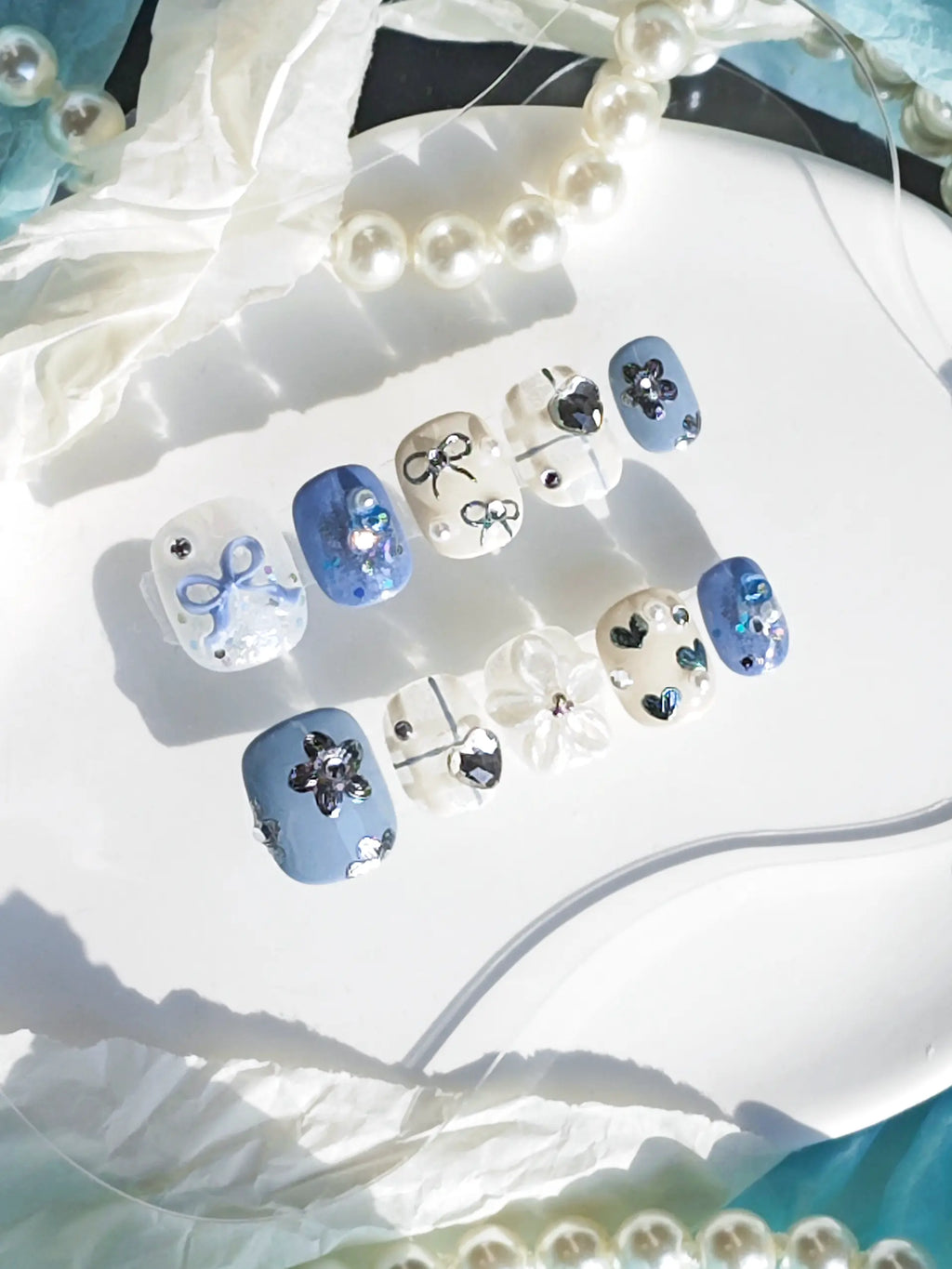 Dusty Blue 3D Bow Flower Heart Rhinestone Short Square Nails