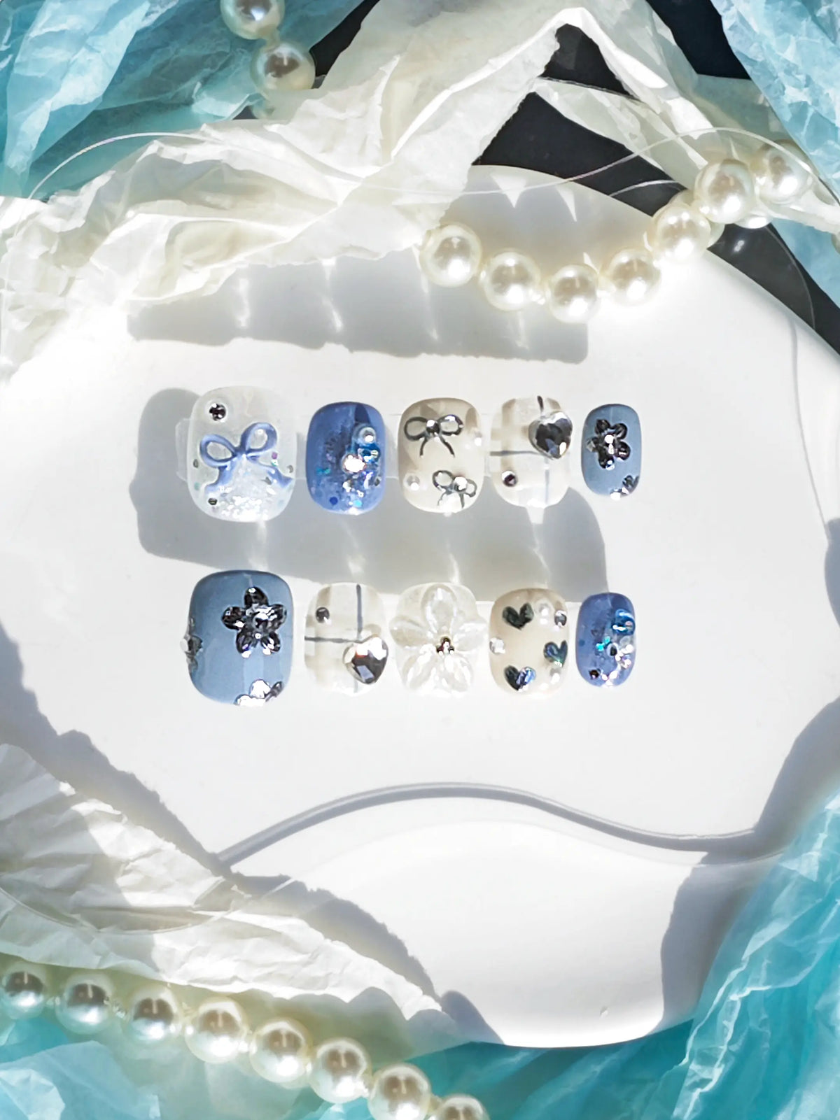 Dusty Blue 3D Bow Flower Heart Rhinestone Short Square Nails