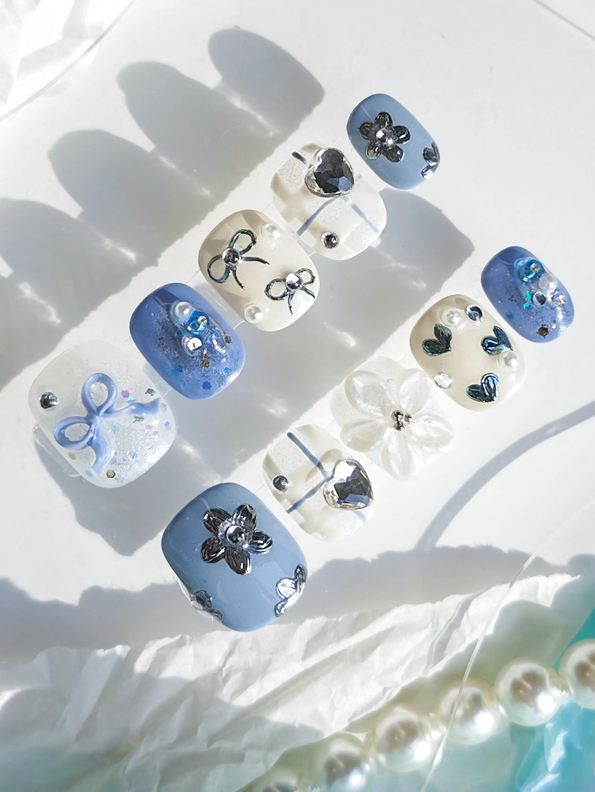 Dusty Blue 3D Bow Flower Heart Rhinestone Short Square Nails