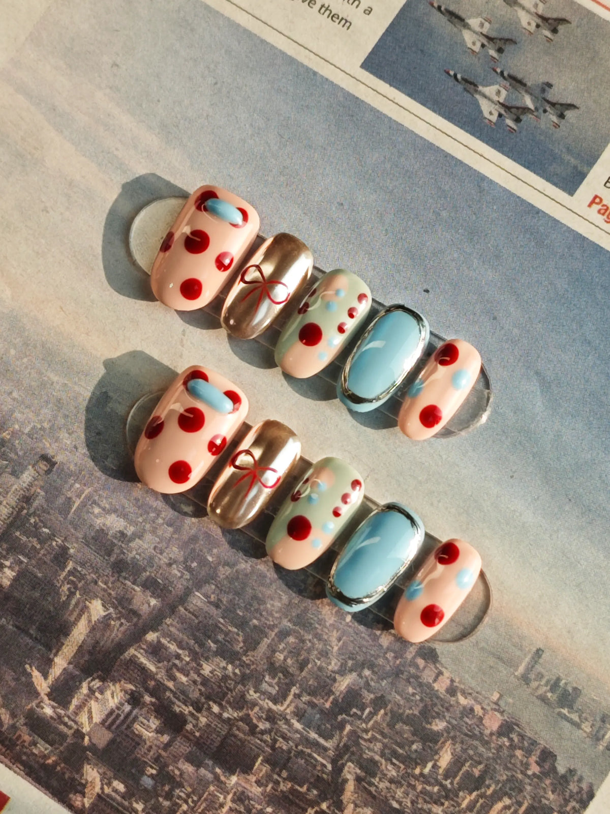 Retro Polka Dot Bow Medium Oval Nails
