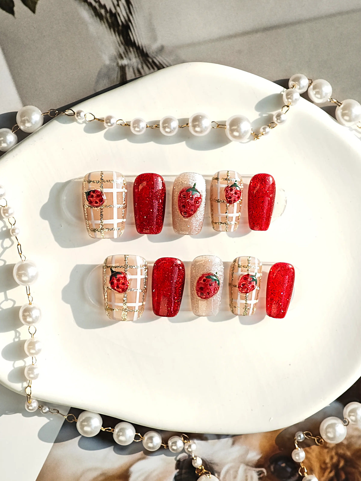 Strawberry Plaid Coffin Press On Nails