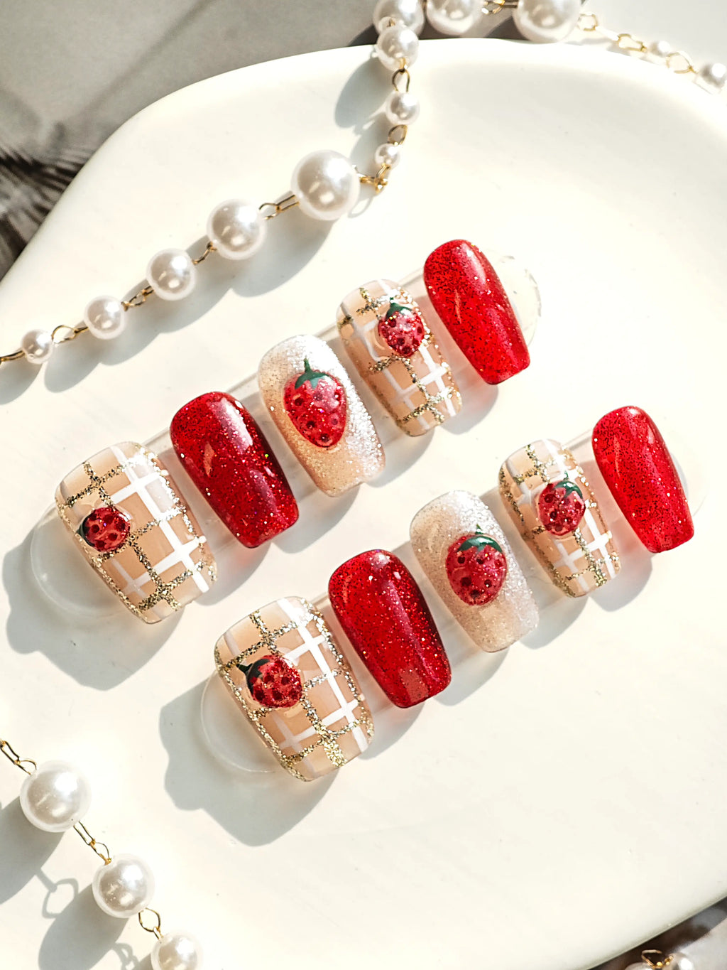 Strawberry Plaid Coffin Press On Nails