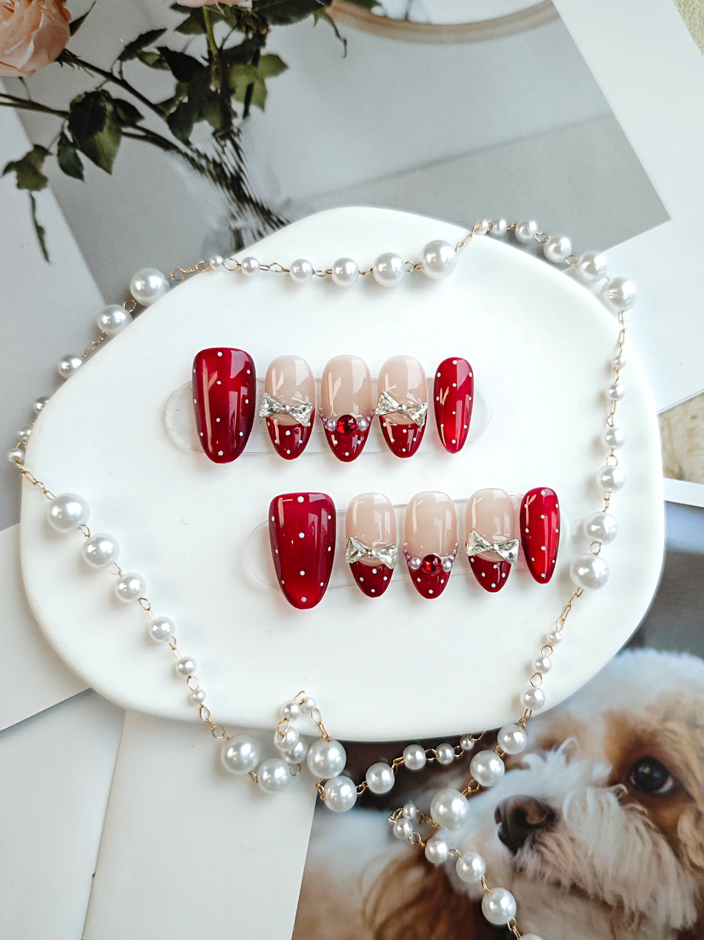 Red Polka‑Dot Silver Bow French Medium Almond Nails