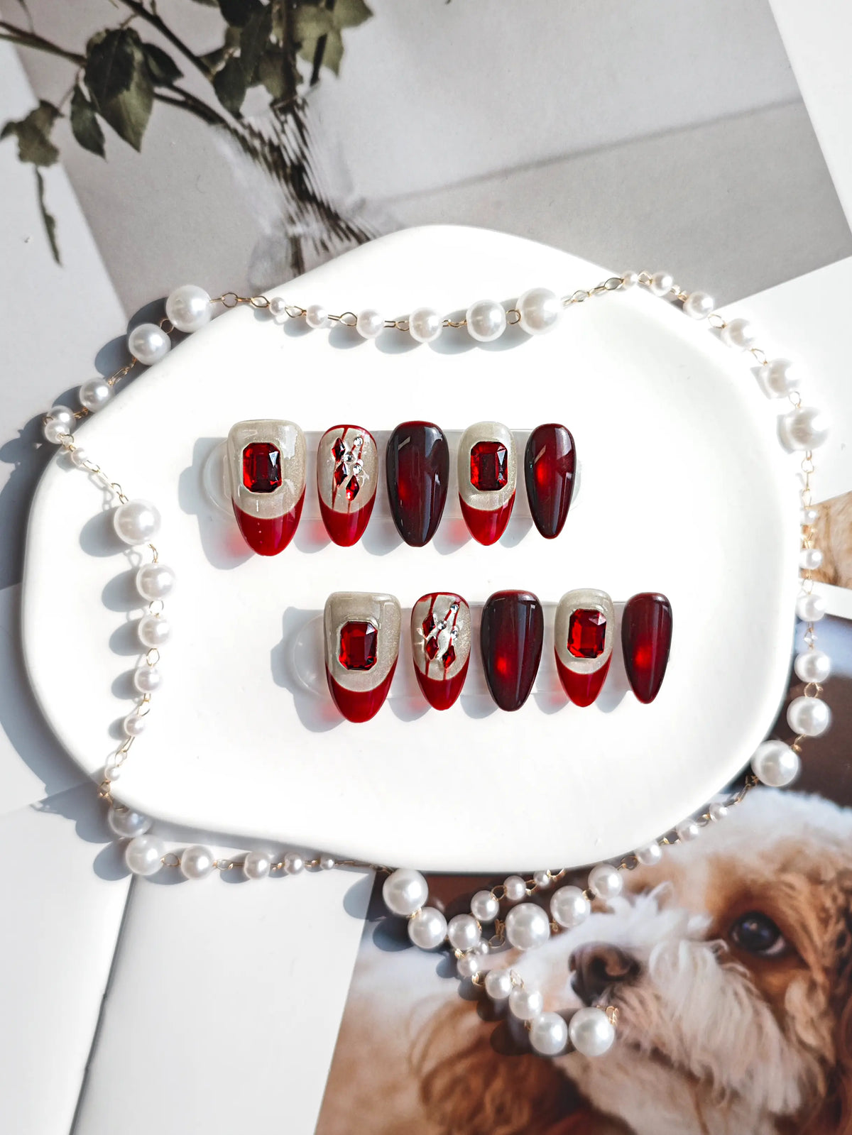 Red Ruby Rhinestone Almond Press On Nails