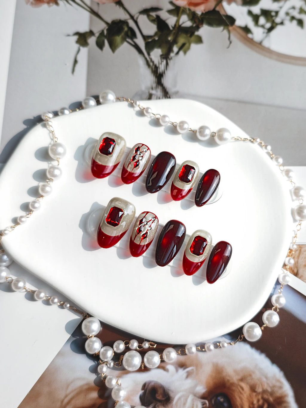 Red Ruby Rhinestone Almond Press On Nails