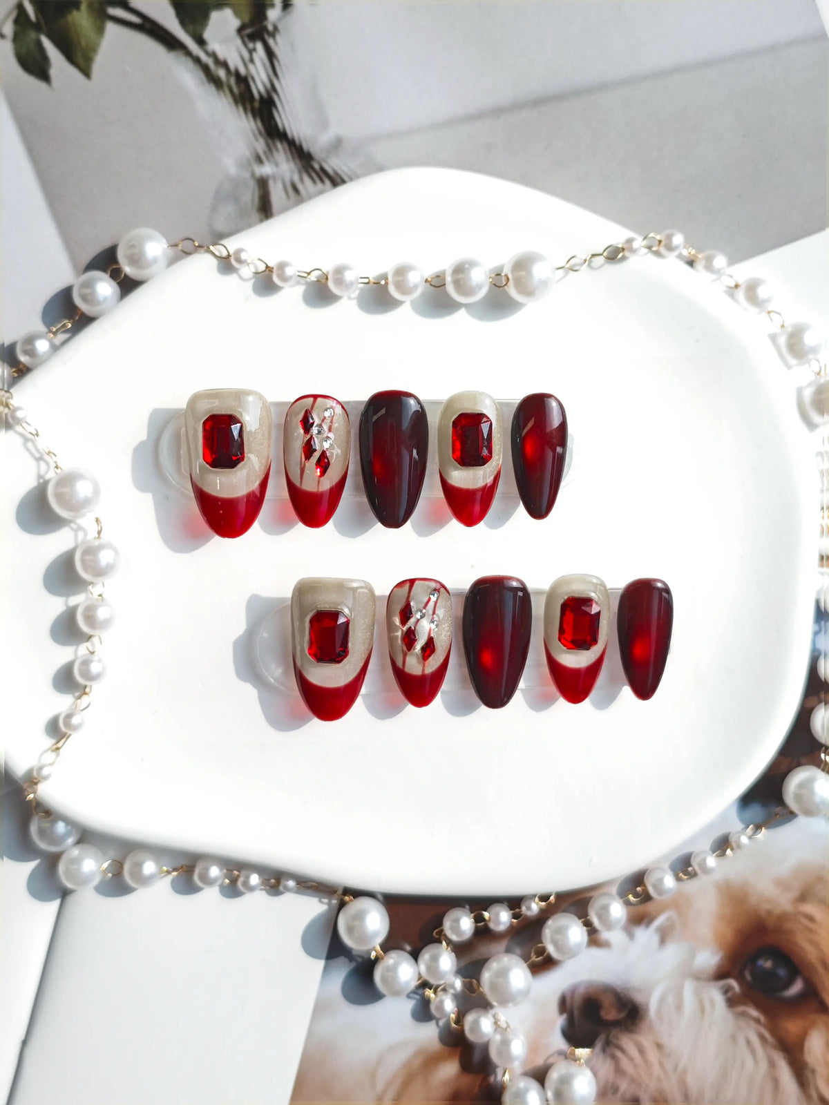 Red Ruby Rhinestone Almond Press On Nails