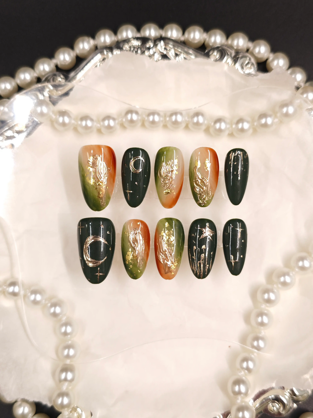 Forest Green Amber Ombre Moon Star Medium Almond Nails