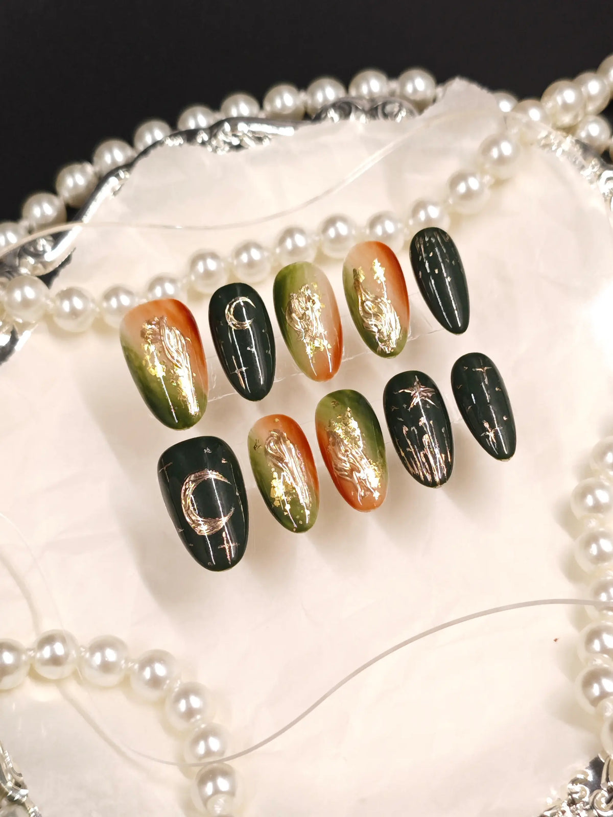 Forest Green Amber Ombre Moon Star Medium Almond Nails