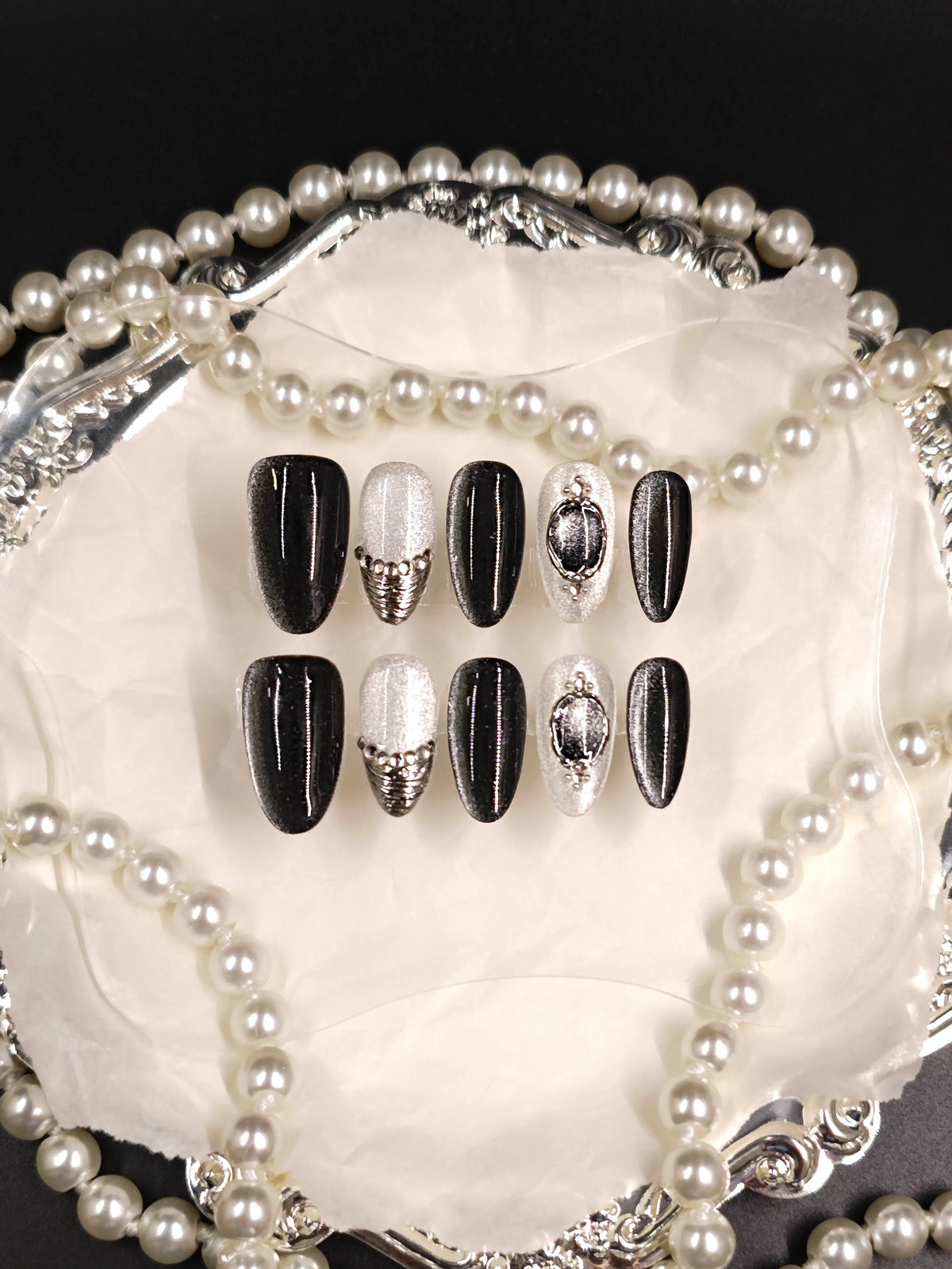 Black Silver Vintage Gem & Bead Medium Oval Nails