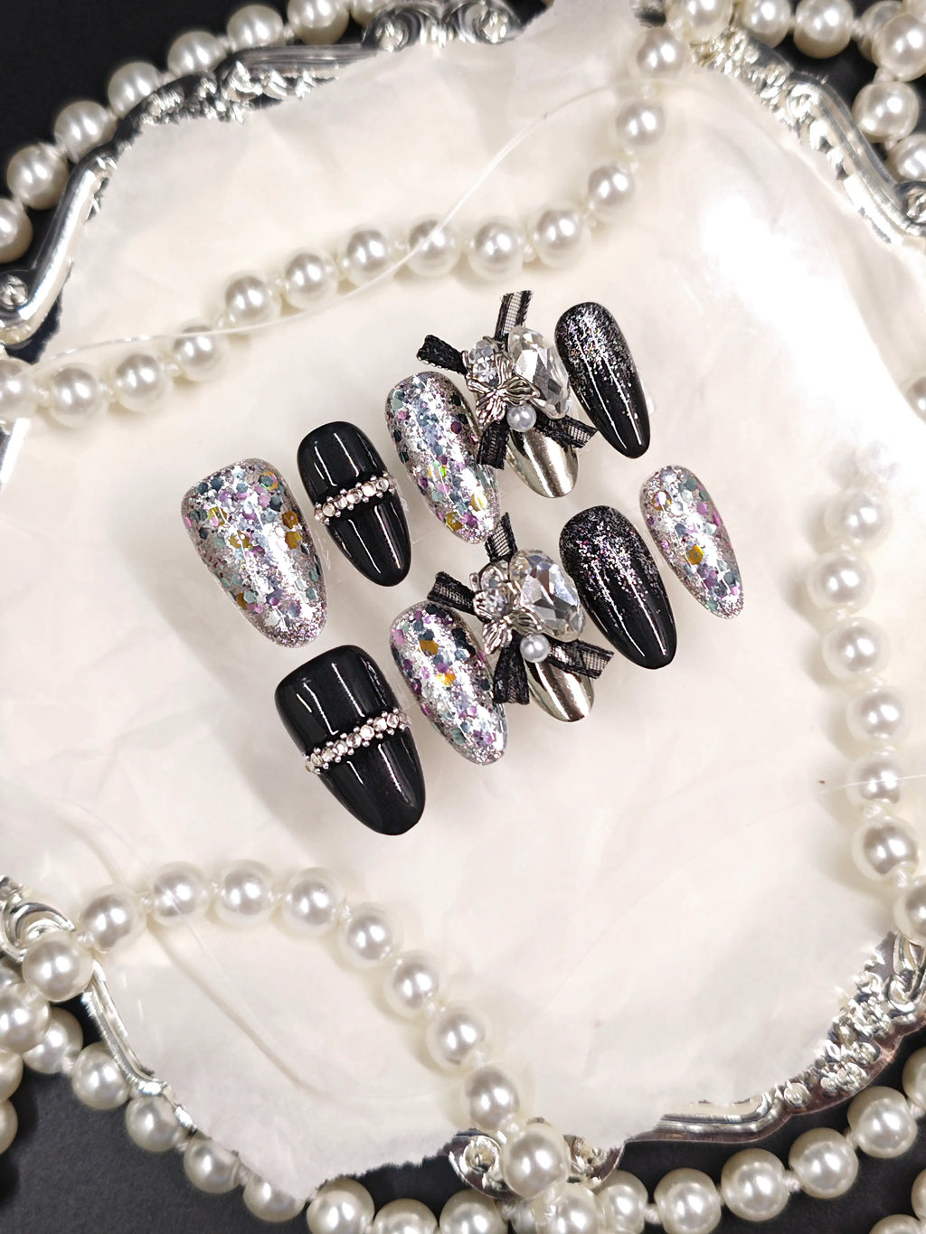 Black Glitter 3D Bow Medium Coffin Nails