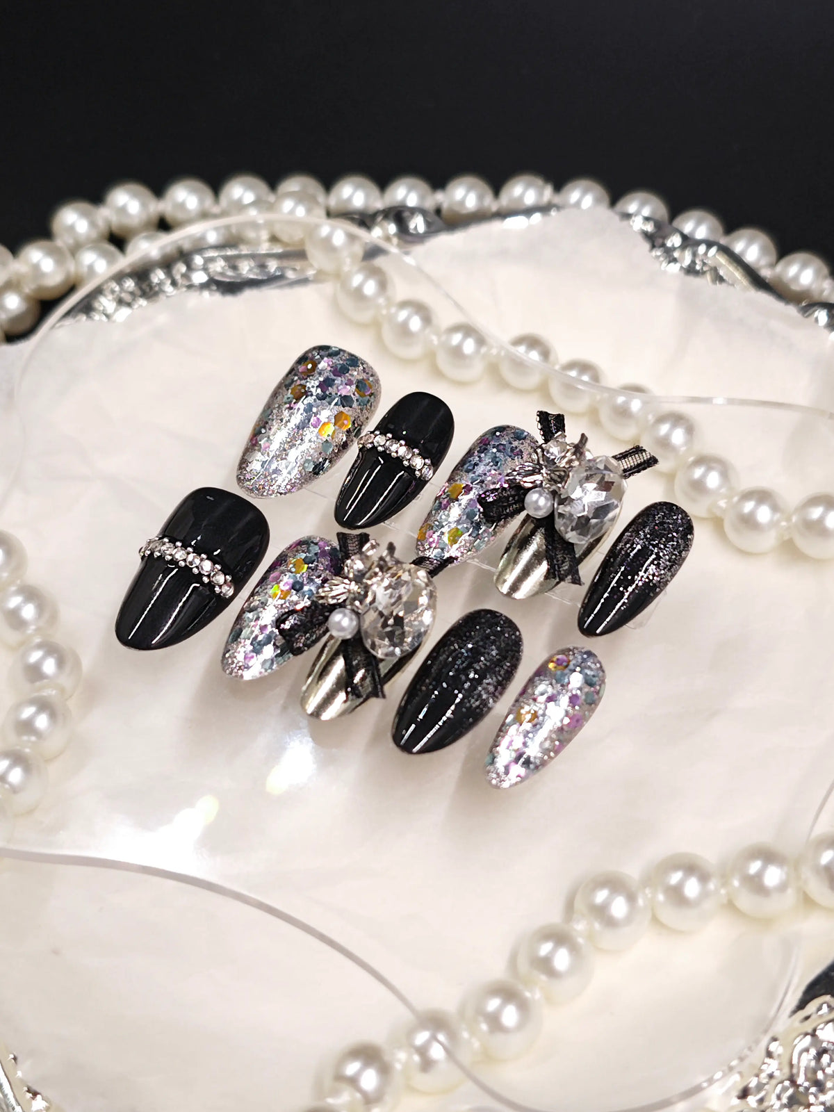 Black Glitter 3D Bow Medium Coffin Nails