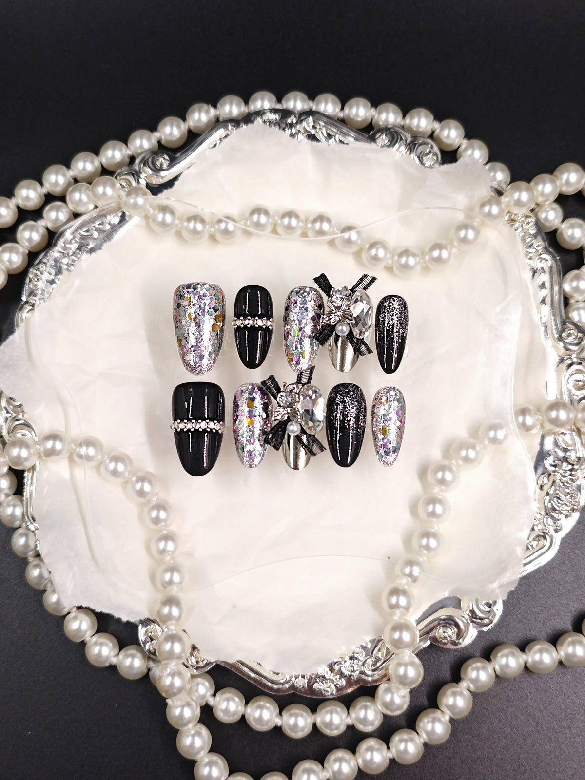 Black Glitter 3D Bow Medium Coffin Nails