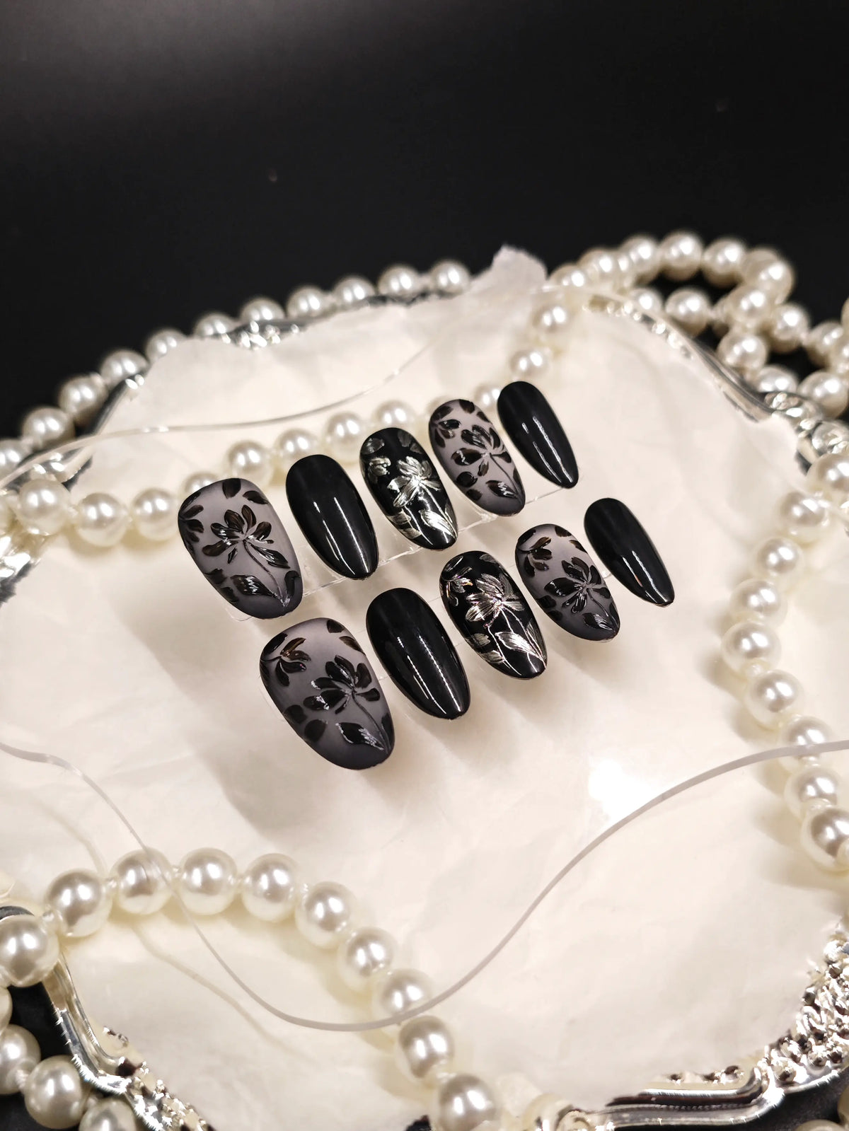 Sheer Black Floral Medium Oval Nails