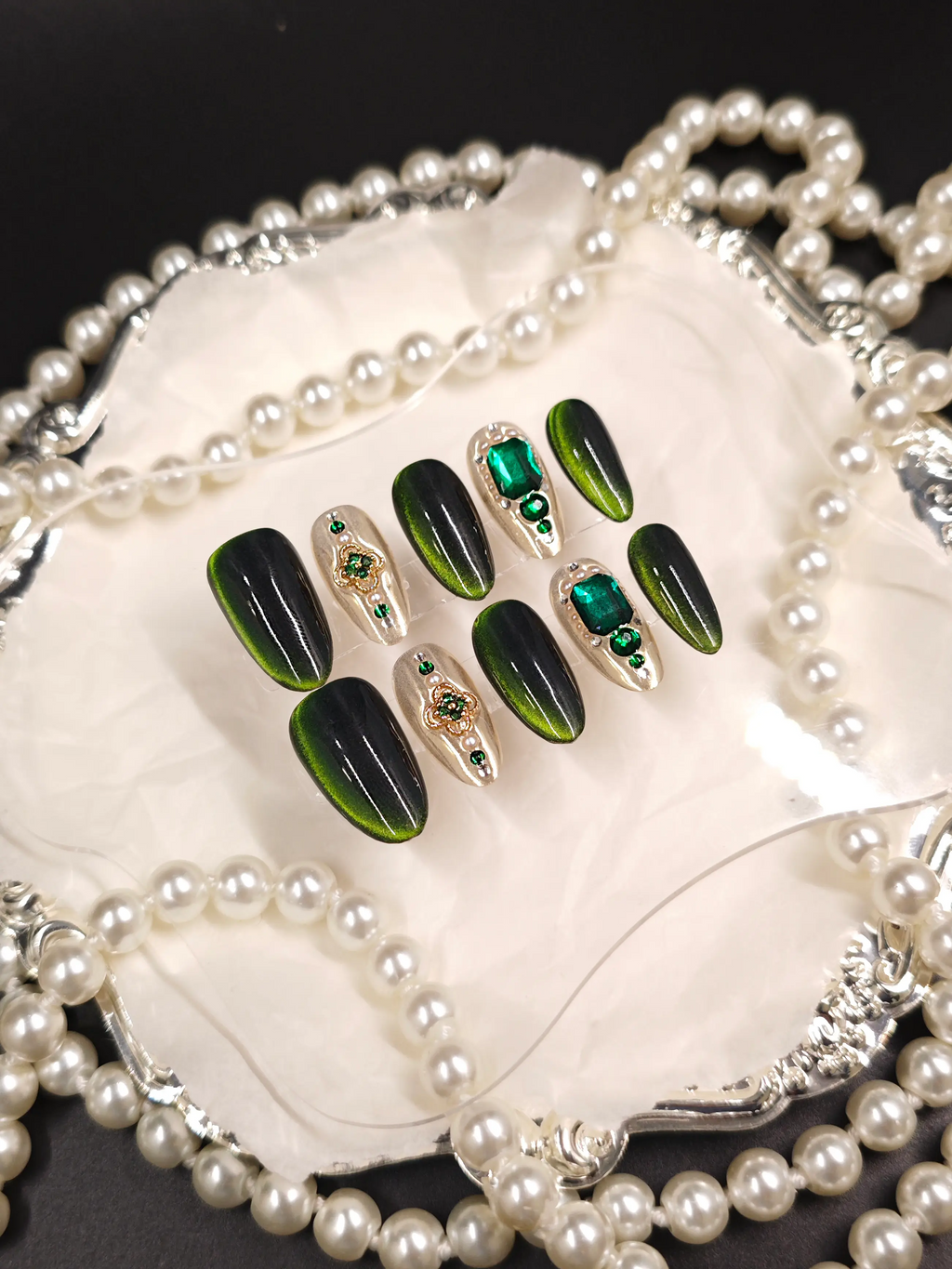 Emerald Cat Eye Ornate Gem Medium Tapered Coffin Nails