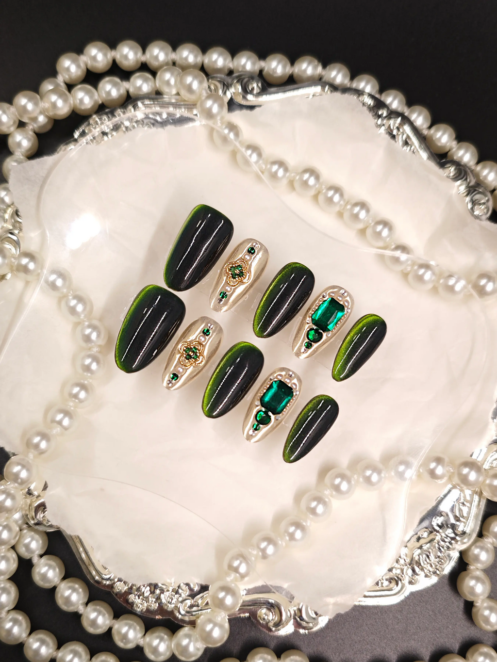 Emerald Cat Eye Ornate Gem Medium Tapered Coffin Nails