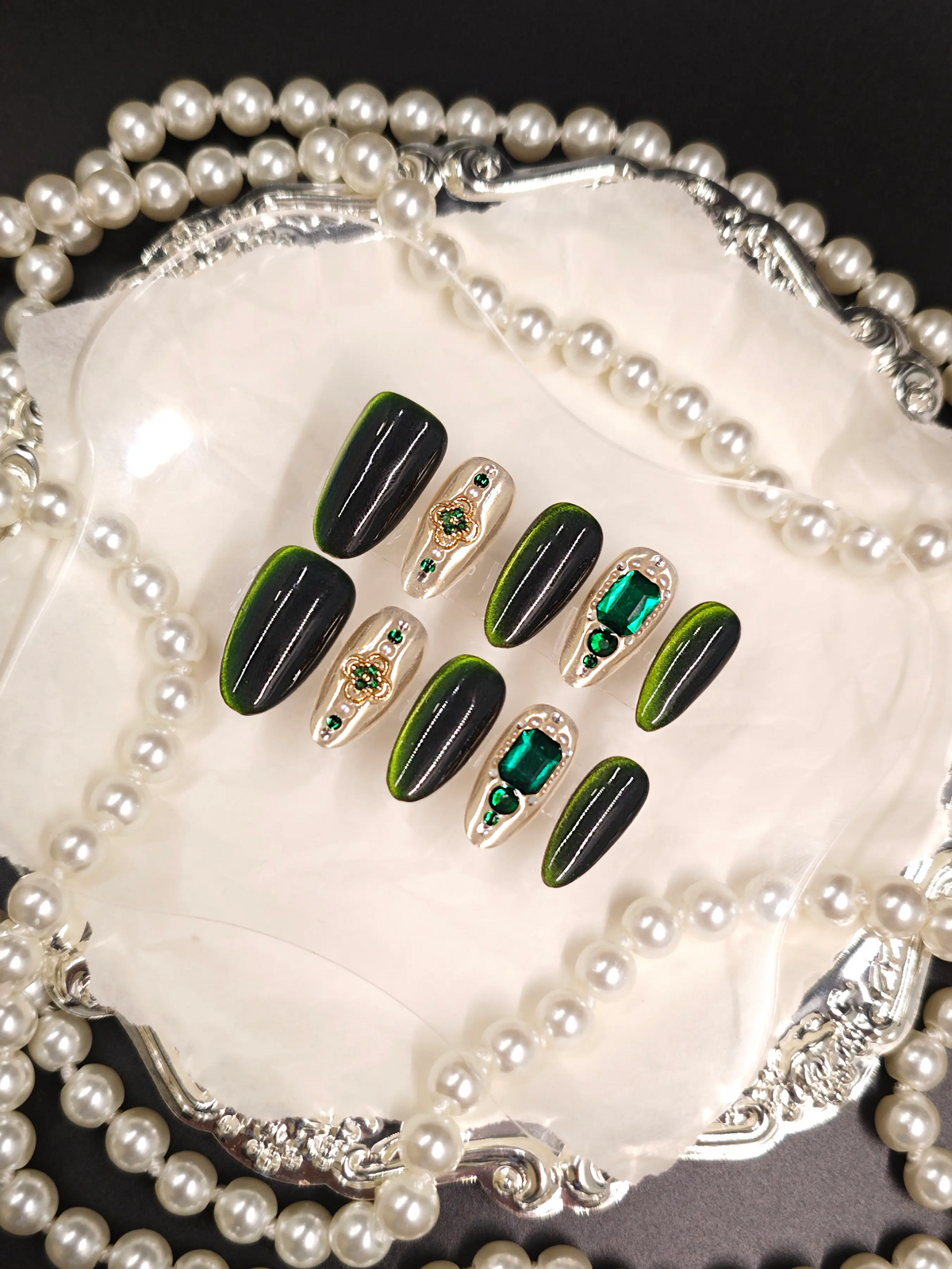 Emerald Cat Eye Ornate Gem Medium Tapered Coffin Nails