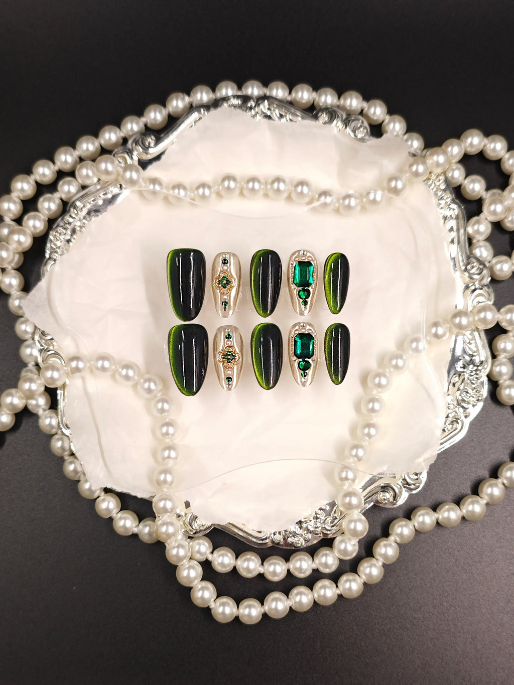 Emerald Cat Eye Ornate Gem Medium Tapered Coffin Nails