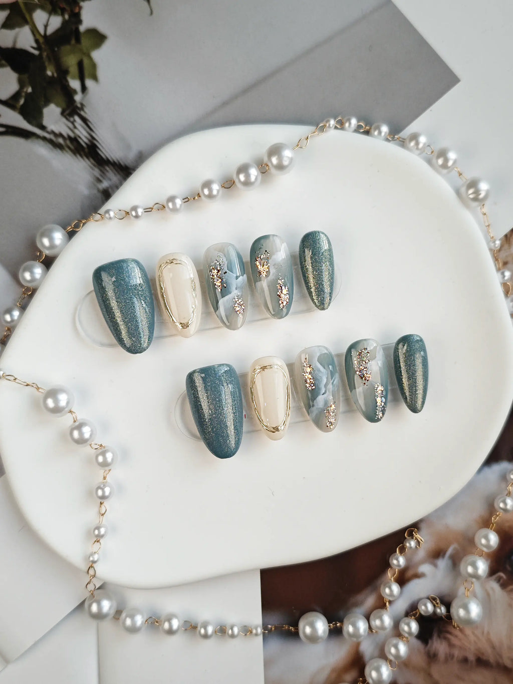 Teal Cat Eye Marble Gold Flake Medium Almond Nails