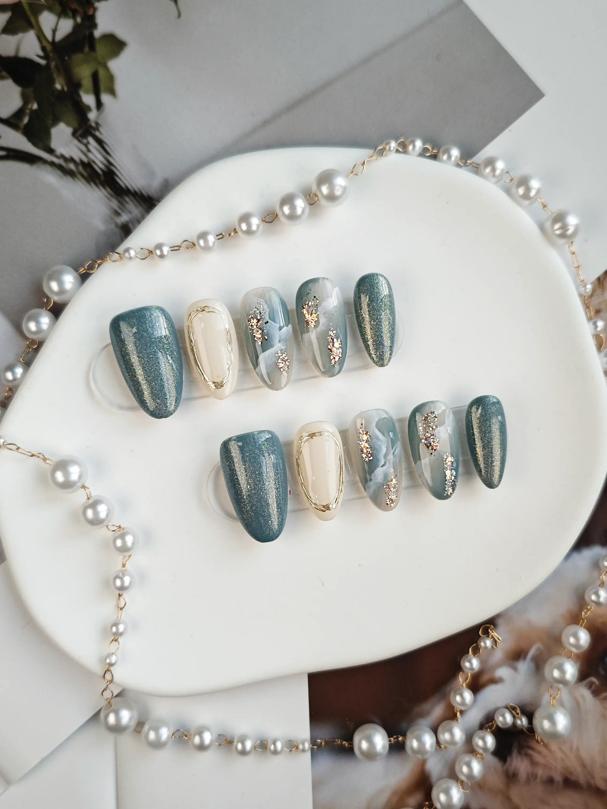 Teal Cat Eye Marble Gold Flake Medium Almond Nails