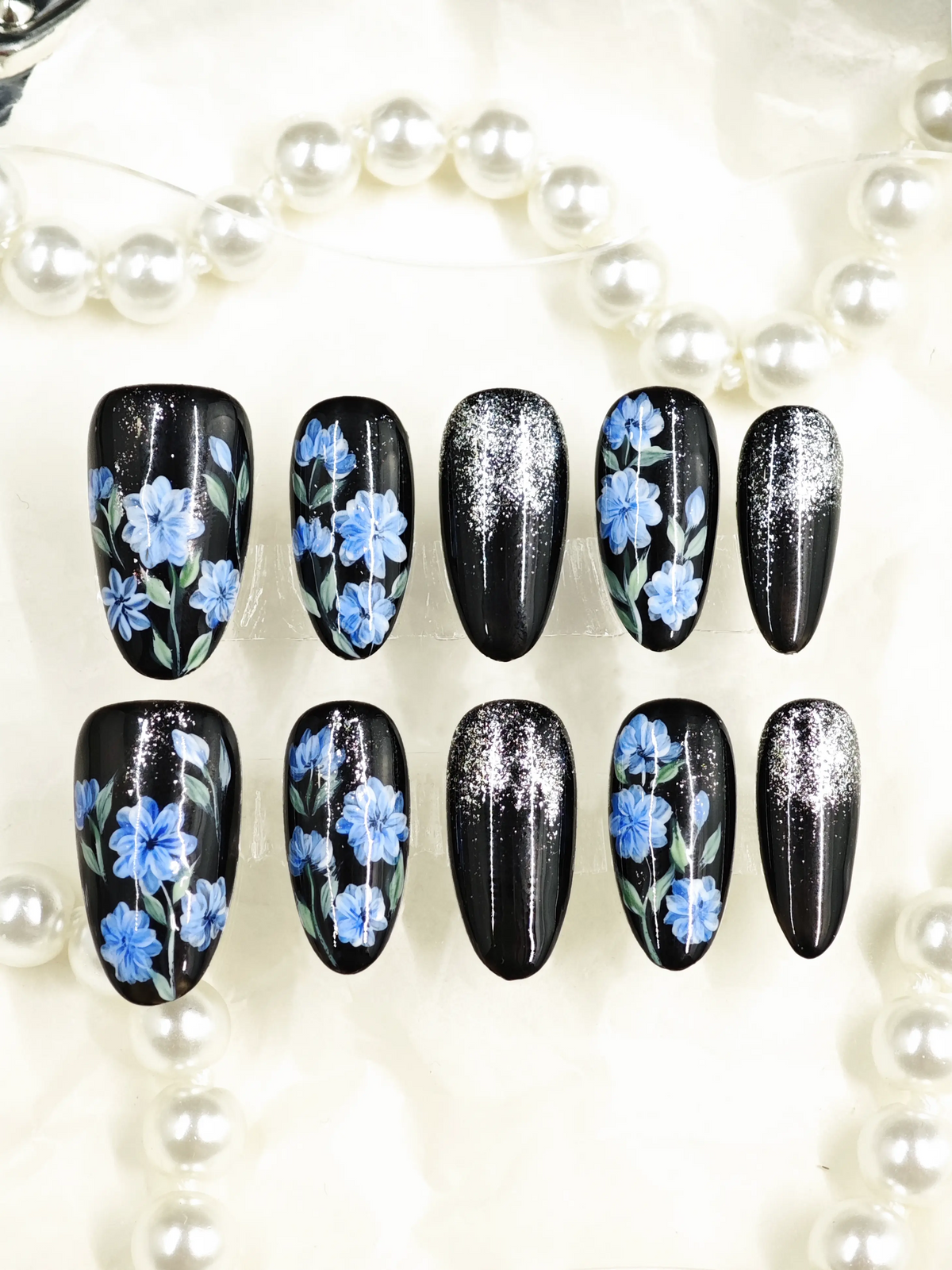 Reusable Black Hand‑Painted Blue Floral Almond Nails