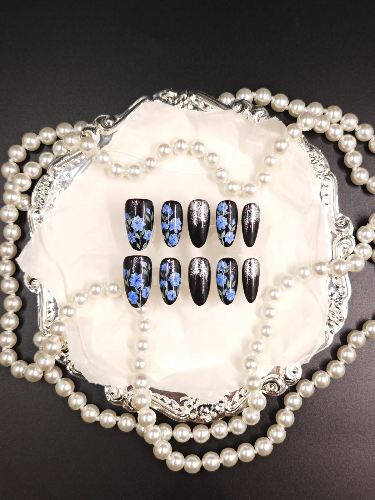 Reusable Black Hand‑Painted Blue Floral Almond Nails