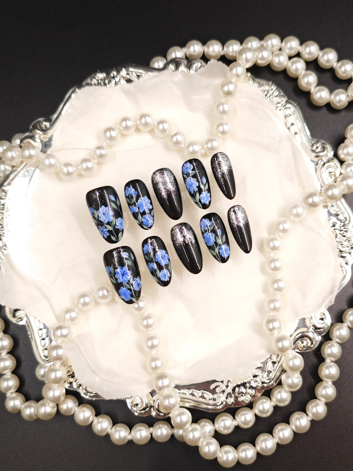 Reusable Black Hand‑Painted Blue Floral Almond Nails