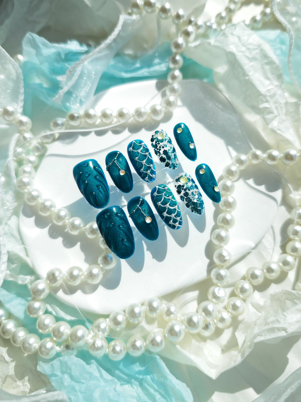 Deep Teal Mermaid Scale Oval Nails